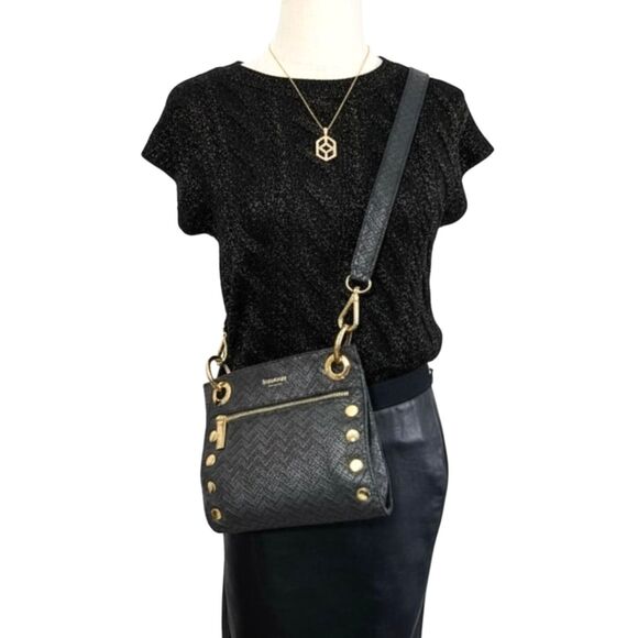Hammitt Tony Small Black Chevron Leather Crossbody Bag Polished Gold - Picture 1 of 15